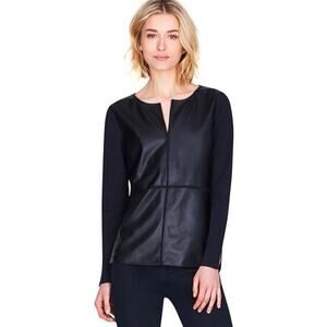 Ecru | Genuine Leather Long Sleeve Blouse Top Mixed Media Moto Black Medium